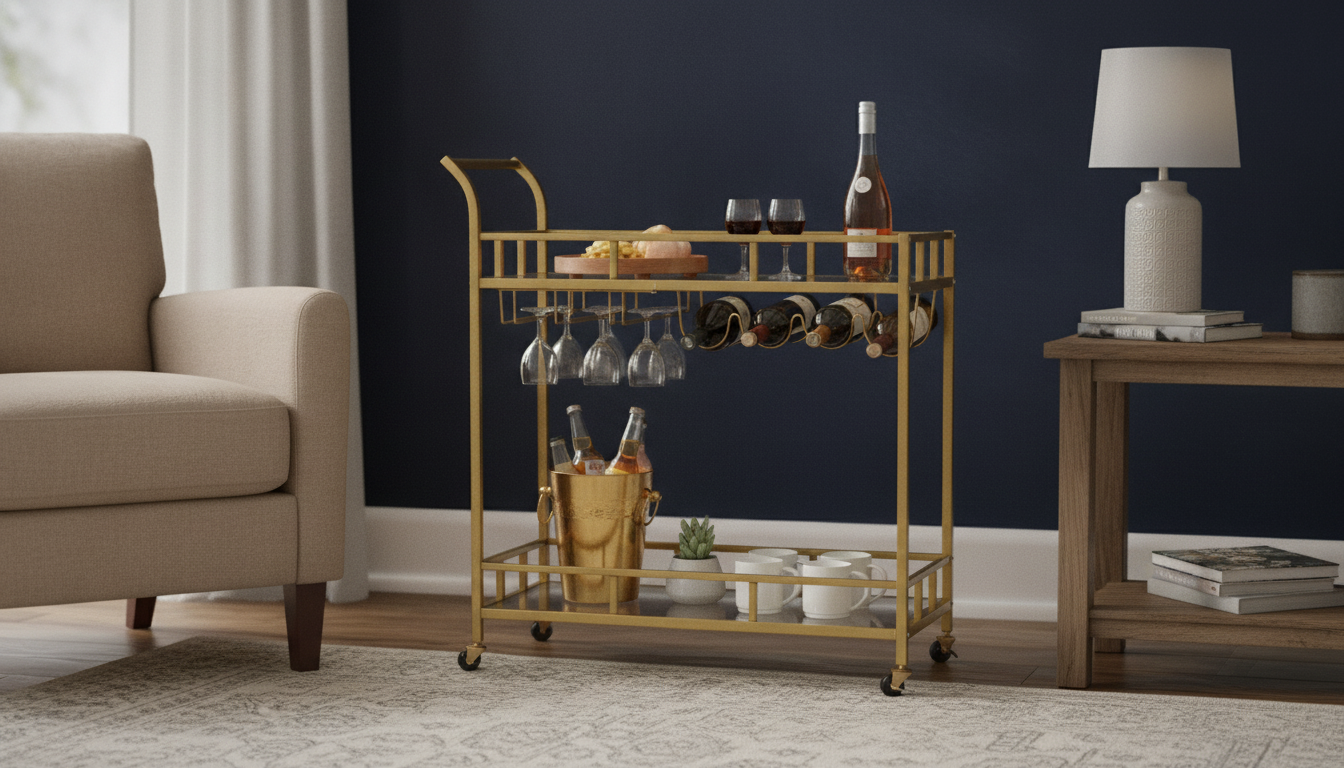 Gold Bar Cart: Lockable Wheels & Tempered Glass Shelves